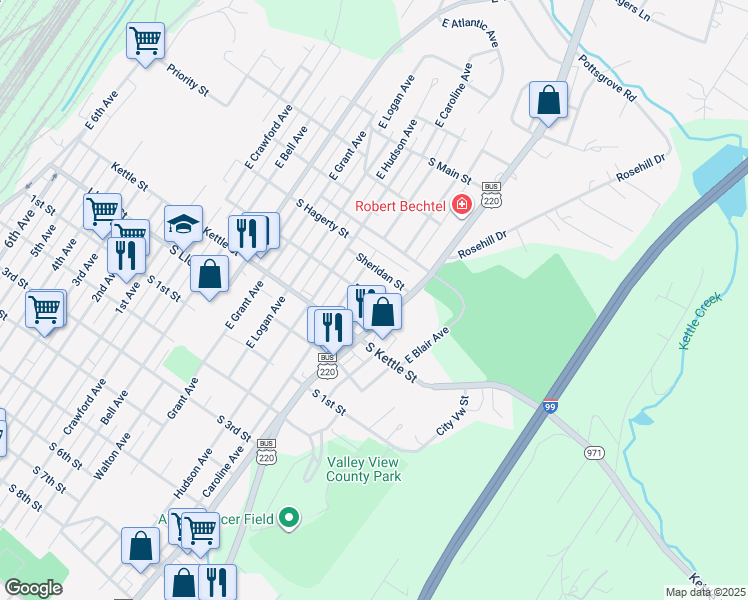 map of restaurants, bars, coffee shops, grocery stores, and more near 850 East Street in Altoona