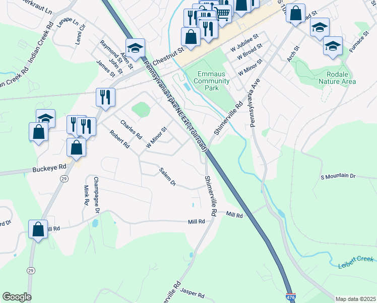 map of restaurants, bars, coffee shops, grocery stores, and more near 4261 David Drive in Emmaus