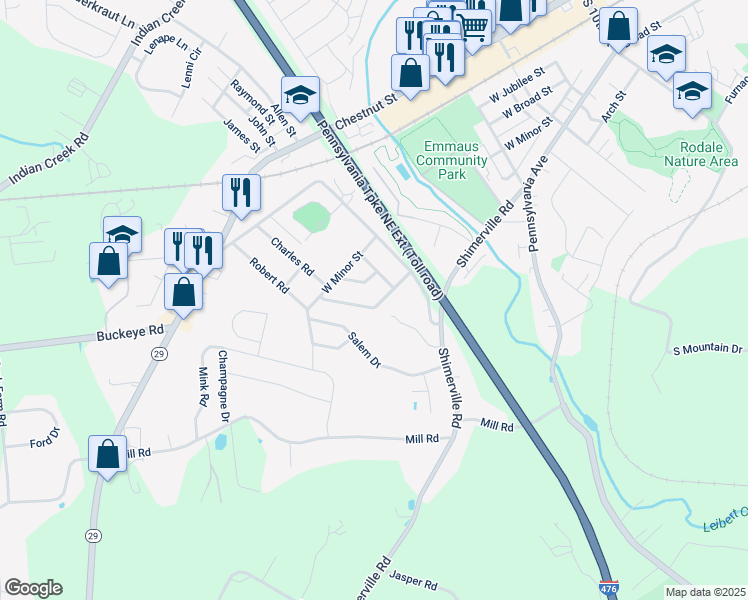 map of restaurants, bars, coffee shops, grocery stores, and more near 1721 W Wood St in Emmaus