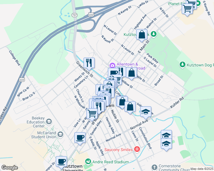 map of restaurants, bars, coffee shops, grocery stores, and more near 100 Constitution Boulevard in Kutztown
