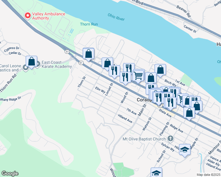 map of restaurants, bars, coffee shops, grocery stores, and more near 701 6th Avenue in Coraopolis