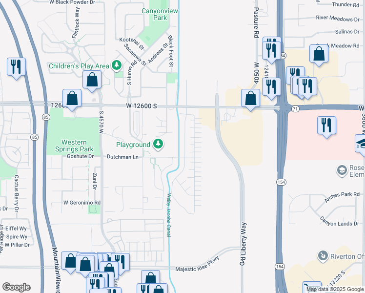 map of restaurants, bars, coffee shops, grocery stores, and more near 12754 South Quail Lake Drive in Riverton