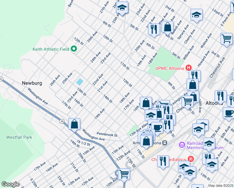 map of restaurants, bars, coffee shops, grocery stores, and more near 1318 19th Avenue in Altoona
