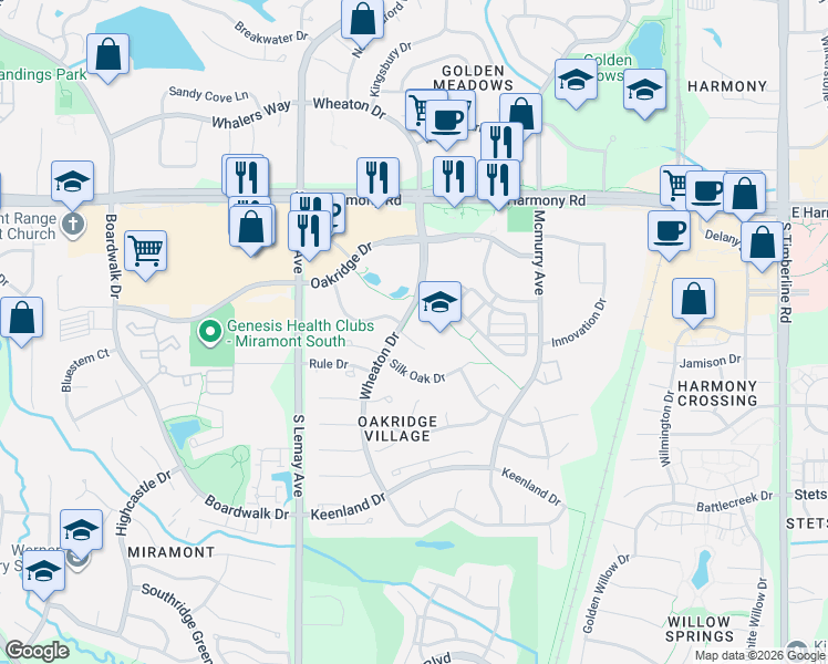 map of restaurants, bars, coffee shops, grocery stores, and more near 1309 Armsley Court in Fort Collins