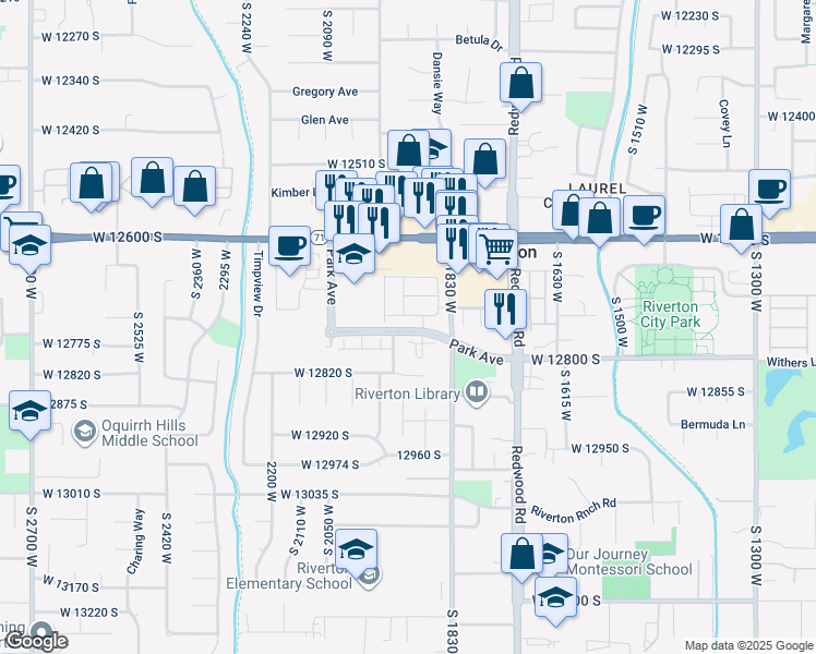 map of restaurants, bars, coffee shops, grocery stores, and more near 1924 Park Avenue in Riverton