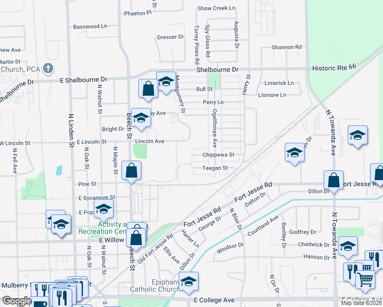 map of restaurants, bars, coffee shops, grocery stores, and more near 912 Chippewa Street in Normal
