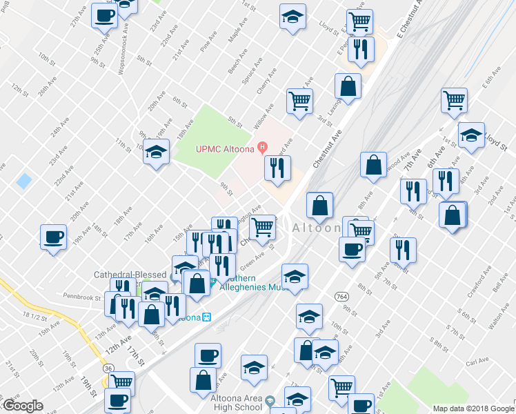 map of restaurants, bars, coffee shops, grocery stores, and more near 802 Lexington Avenue in Altoona