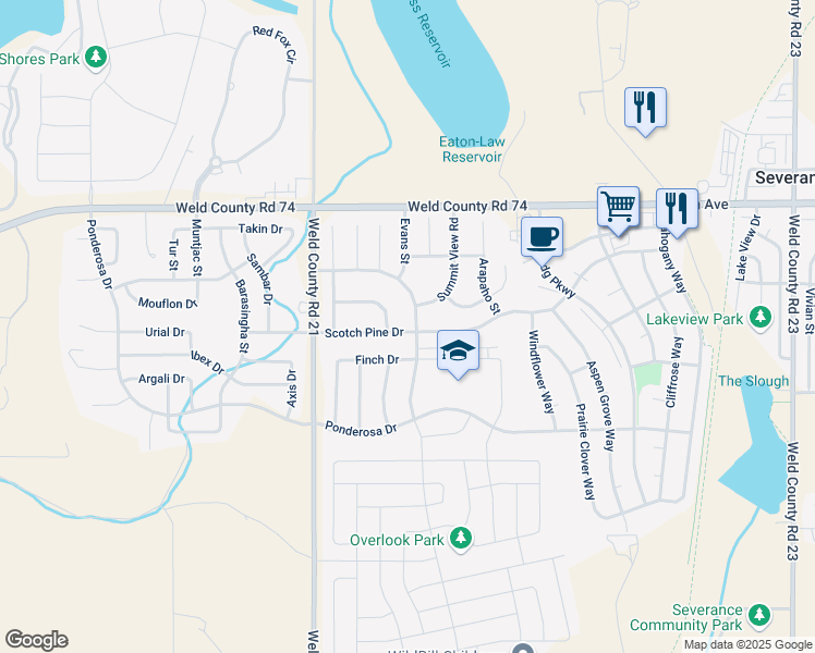 map of restaurants, bars, coffee shops, grocery stores, and more near 281 Audubon Boulevard in Severance
