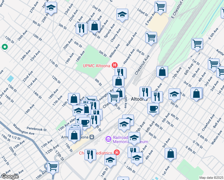 map of restaurants, bars, coffee shops, grocery stores, and more near 802 Lexington Avenue in Altoona