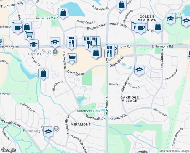 map of restaurants, bars, coffee shops, grocery stores, and more near 1002 Rule Drive in Fort Collins