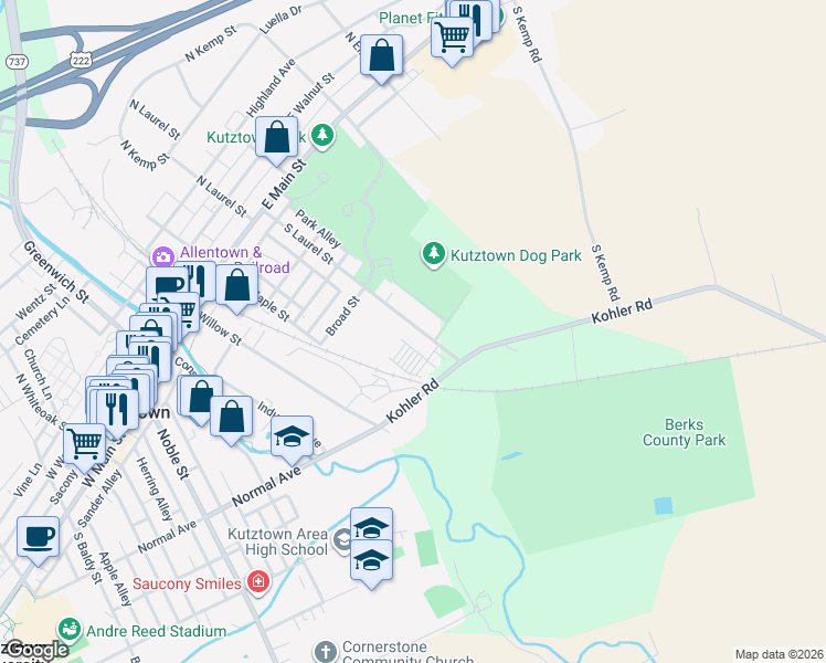 map of restaurants, bars, coffee shops, grocery stores, and more near 344 South Laurel Street in Kutztown