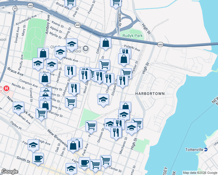 map of restaurants, bars, coffee shops, grocery stores, and more near in Perth Amboy