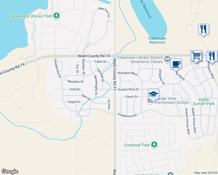map of restaurants, bars, coffee shops, grocery stores, and more near 942 Scotch Pine Drive in Severance