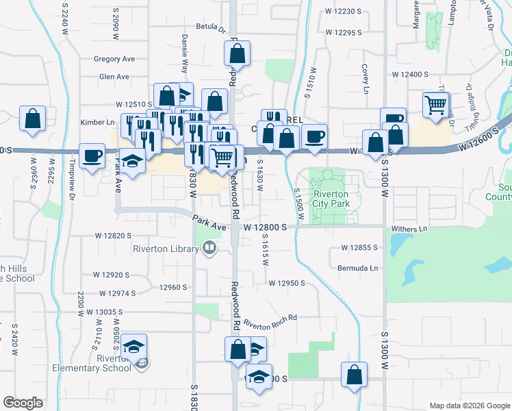 map of restaurants, bars, coffee shops, grocery stores, and more near 1655 Bills Bylow Lane in Riverton