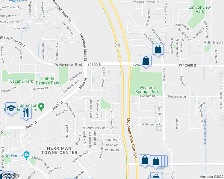 map of restaurants, bars, coffee shops, grocery stores, and more near 12767 Timber Run Drive in Riverton