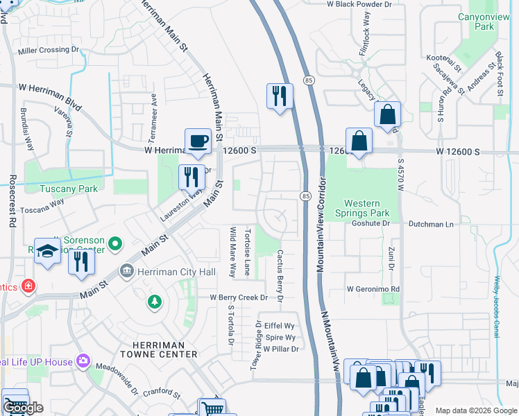 map of restaurants, bars, coffee shops, grocery stores, and more near 12767 Timber Run Drive in Riverton