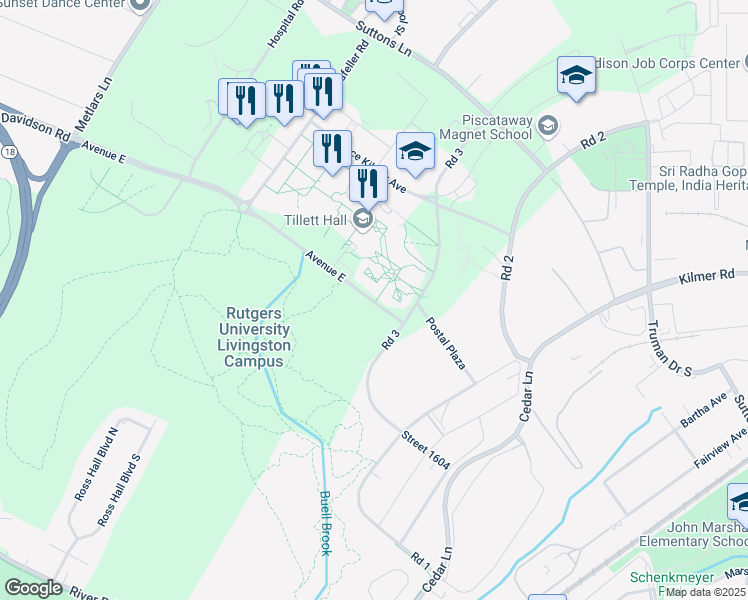 map of restaurants, bars, coffee shops, grocery stores, and more near 23-27 Avenue East in Piscataway Township