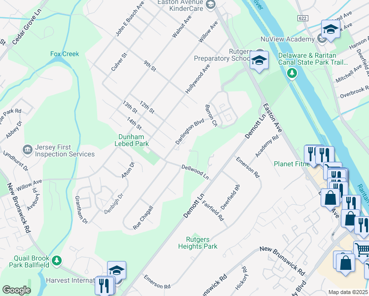 map of restaurants, bars, coffee shops, grocery stores, and more near 15 Dellwood Lane in Franklin Township