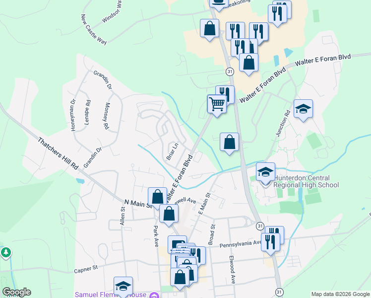 map of restaurants, bars, coffee shops, grocery stores, and more near 5 Clearbrook Lane in Flemington
