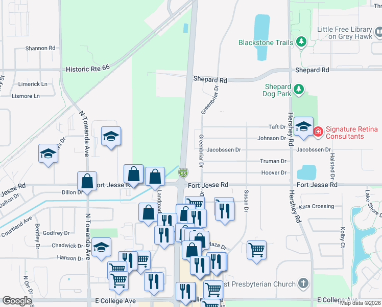 map of restaurants, bars, coffee shops, grocery stores, and more near 411 1/2 Greenbriar Drive in Normal