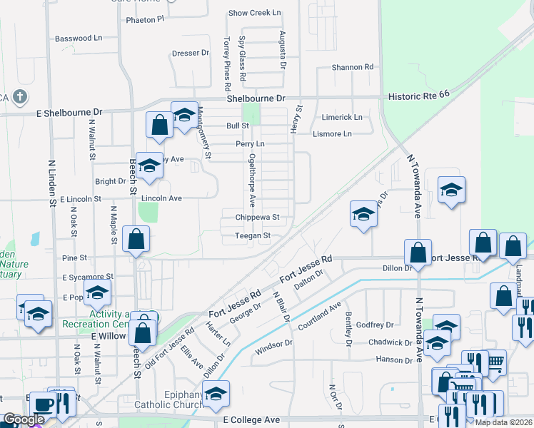 map of restaurants, bars, coffee shops, grocery stores, and more near 1107 Chippewa Street in Normal
