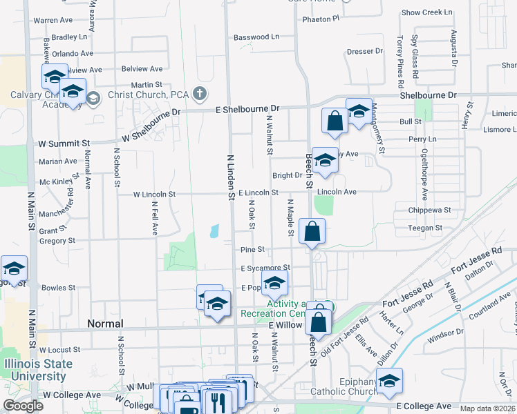 map of restaurants, bars, coffee shops, grocery stores, and more near 1015 North Oak Street in Normal