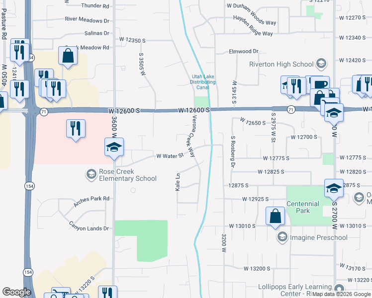 map of restaurants, bars, coffee shops, grocery stores, and more near 3336 Water Street in Riverton