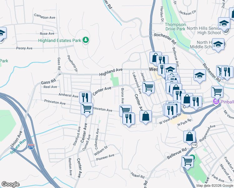 map of restaurants, bars, coffee shops, grocery stores, and more near 139 Cooper Street in West View