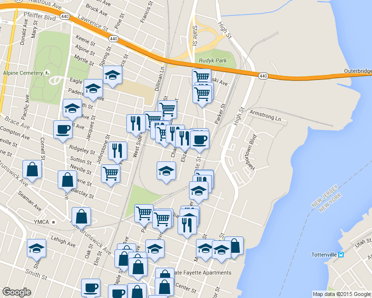map of restaurants, bars, coffee shops, grocery stores, and more near 640 Elizabeth Street in Perth Amboy