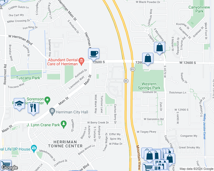 map of restaurants, bars, coffee shops, grocery stores, and more near 12748 Timber Run Drive in Riverton