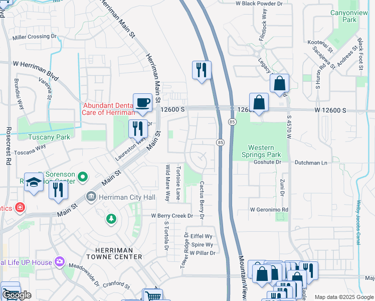 map of restaurants, bars, coffee shops, grocery stores, and more near 12767 Timber Run Drive in Riverton