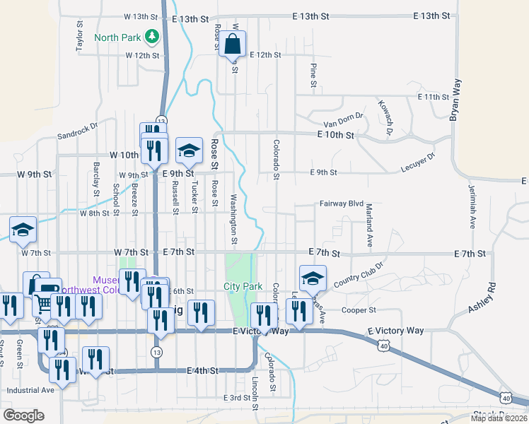 map of restaurants, bars, coffee shops, grocery stores, and more near East 8th Street in Craig
