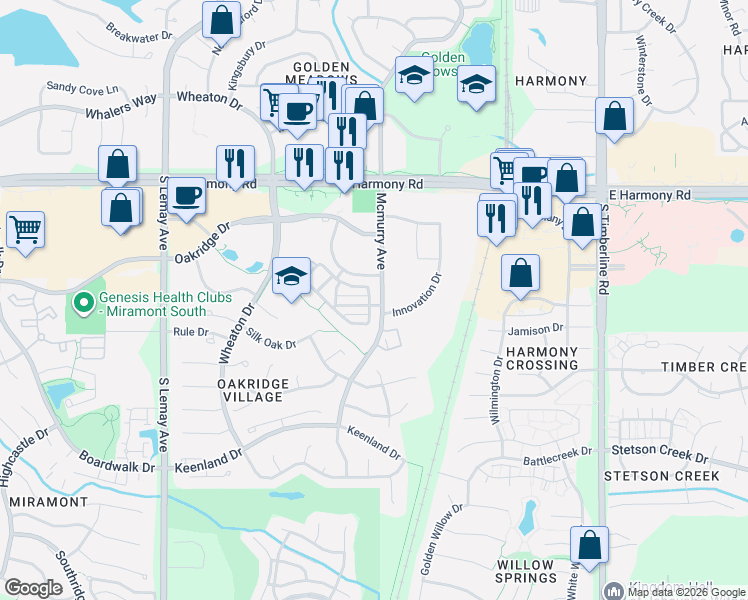 map of restaurants, bars, coffee shops, grocery stores, and more near 4751 Pleasant Oak Drive in Fort Collins