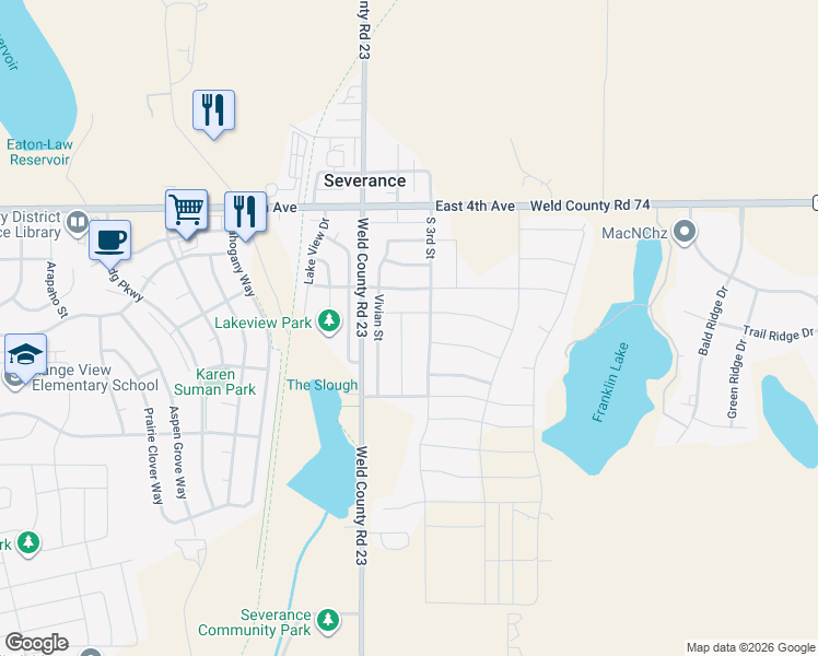 map of restaurants, bars, coffee shops, grocery stores, and more near 506 2nd Street in Severance