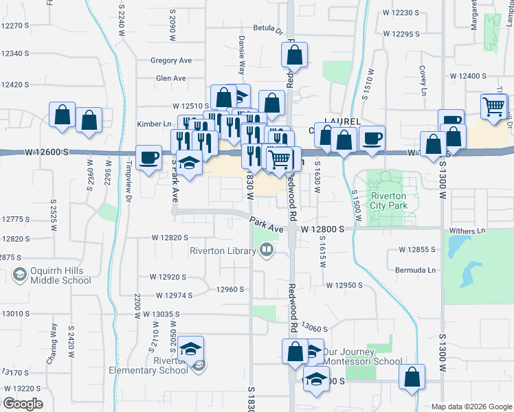 map of restaurants, bars, coffee shops, grocery stores, and more near 12738 Park Run Court in Riverton