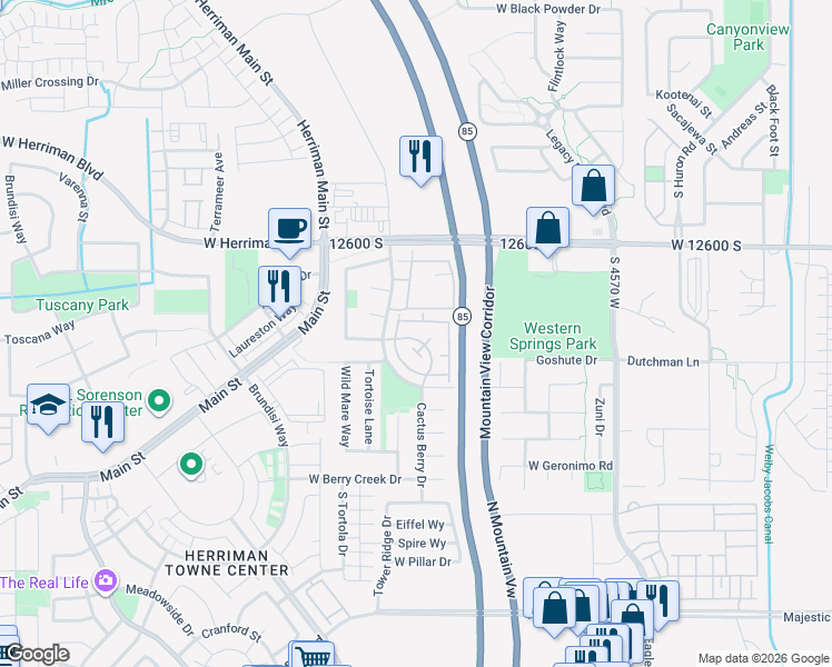 map of restaurants, bars, coffee shops, grocery stores, and more near 4896 Aspen Springs Drive in Riverton