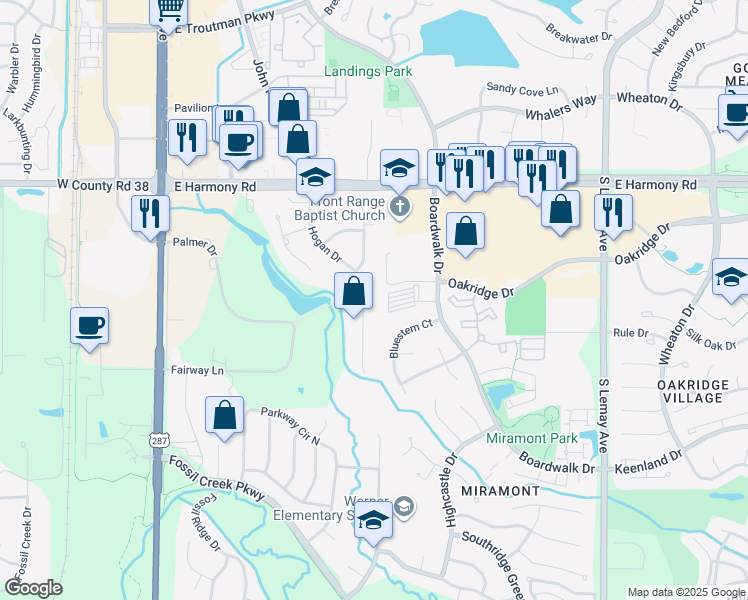 map of restaurants, bars, coffee shops, grocery stores, and more near 4900 Hogan Drive in Fort Collins