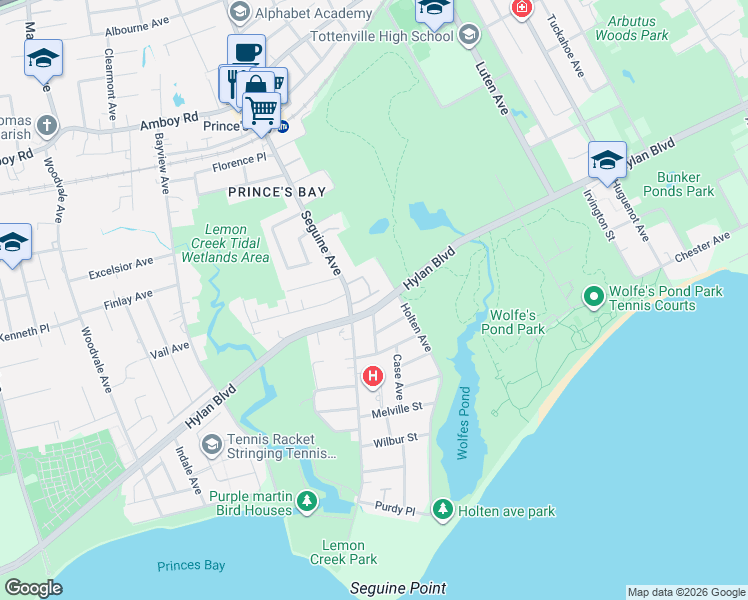 map of restaurants, bars, coffee shops, grocery stores, and more near 5724 Hylan Boulevard in Staten Island