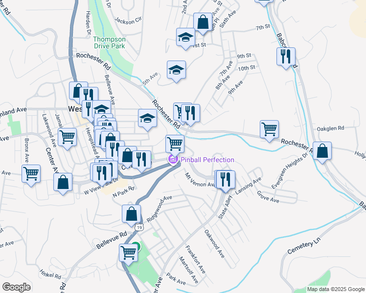 map of restaurants, bars, coffee shops, grocery stores, and more near 25 Township Road in Pittsburgh