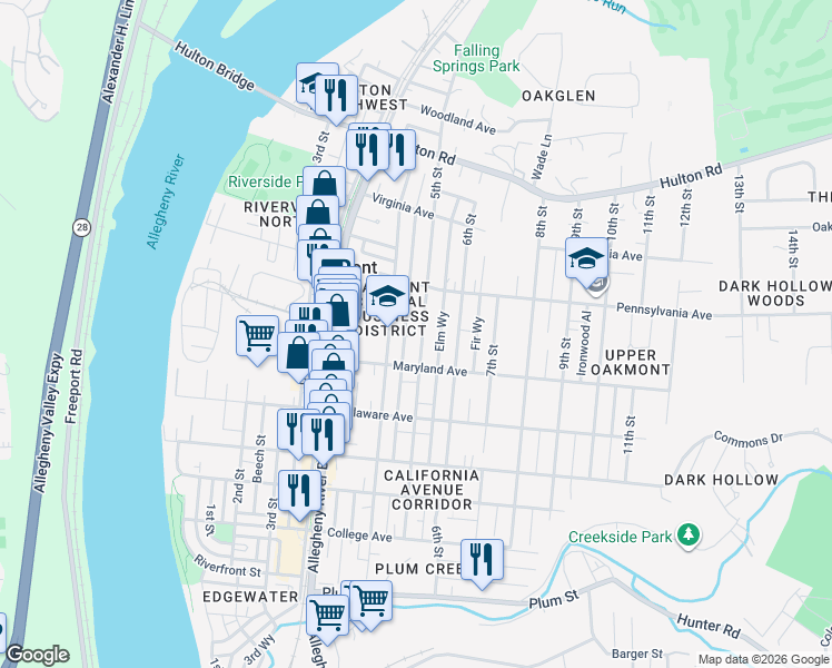 map of restaurants, bars, coffee shops, grocery stores, and more near 635 5th Street in Oakmont