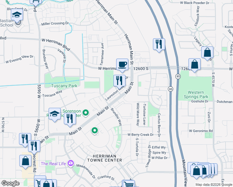 map of restaurants, bars, coffee shops, grocery stores, and more near 5128 Stockfield Lane in Herriman