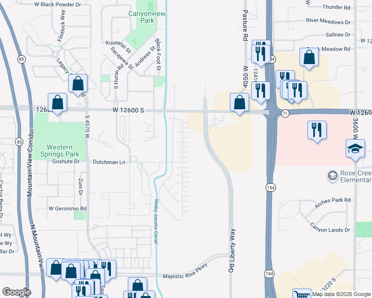 map of restaurants, bars, coffee shops, grocery stores, and more near 4217 Bison Park Court in Riverton