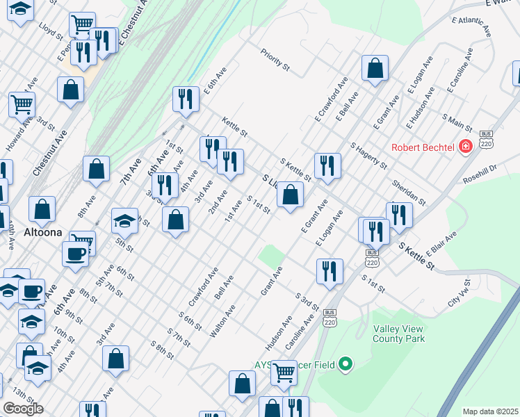 map of restaurants, bars, coffee shops, grocery stores, and more near 101 Crawford Avenue in Altoona