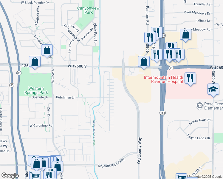 map of restaurants, bars, coffee shops, grocery stores, and more near 4217 Bison Park Court in Riverton