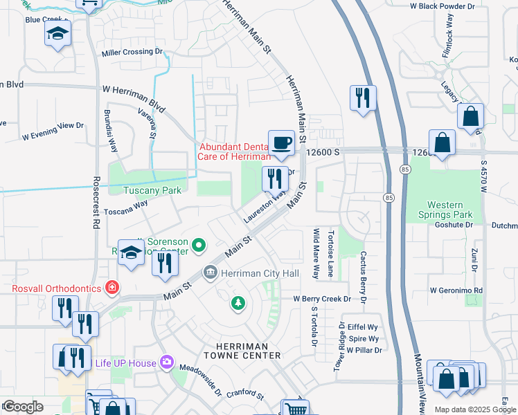 map of restaurants, bars, coffee shops, grocery stores, and more near 5156 Stockfield Lane in Herriman