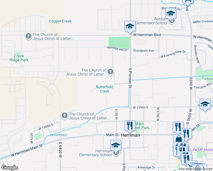 map of restaurants, bars, coffee shops, grocery stores, and more near 12720 Starlite Hill Lane in Herriman