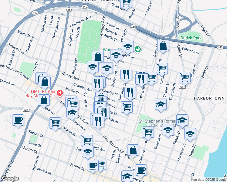 map of restaurants, bars, coffee shops, grocery stores, and more near 566 Jacques Street in Perth Amboy