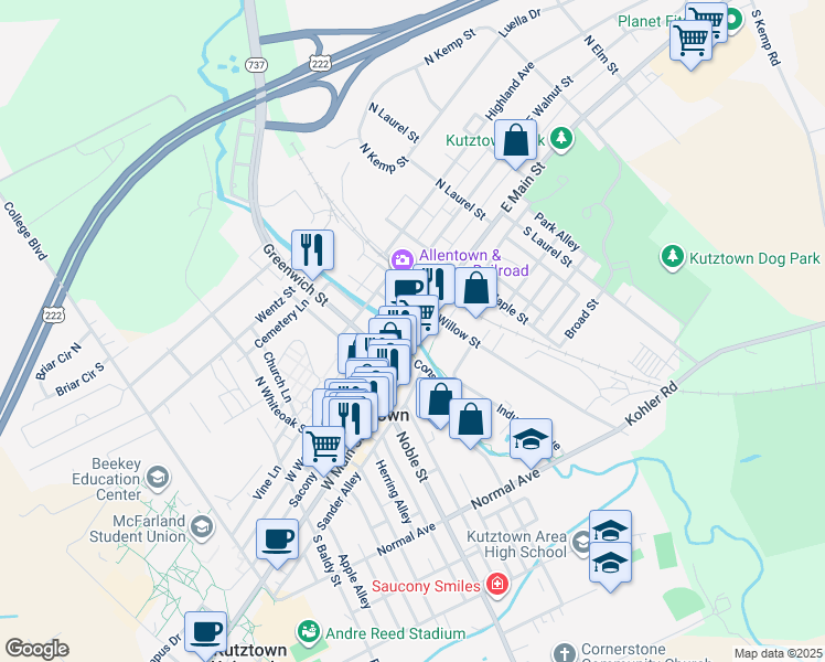 map of restaurants, bars, coffee shops, grocery stores, and more near 10 East Main Street in Kutztown