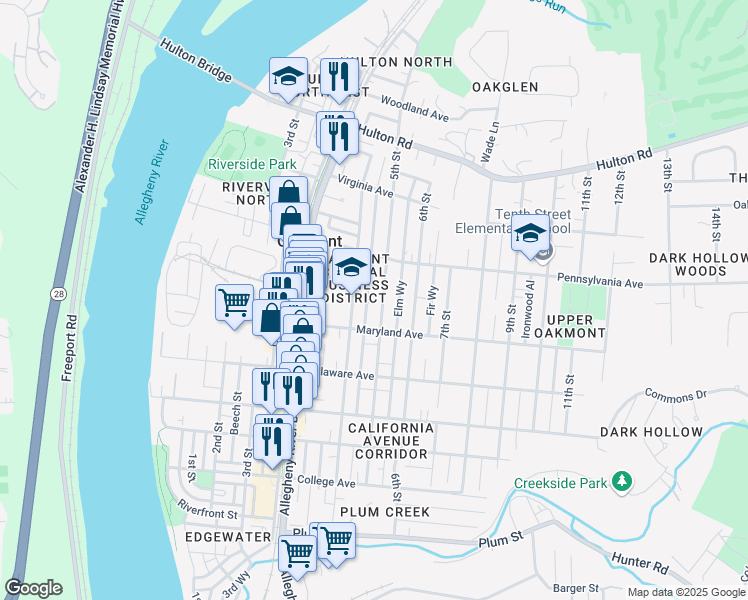 map of restaurants, bars, coffee shops, grocery stores, and more near 618 5th Street in Oakmont