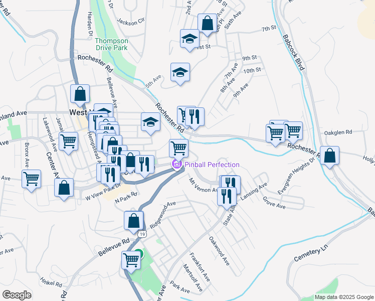 map of restaurants, bars, coffee shops, grocery stores, and more near 25 Township Road in Pittsburgh